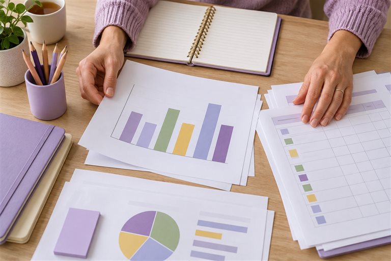 Assessment papers and charts arranged for review