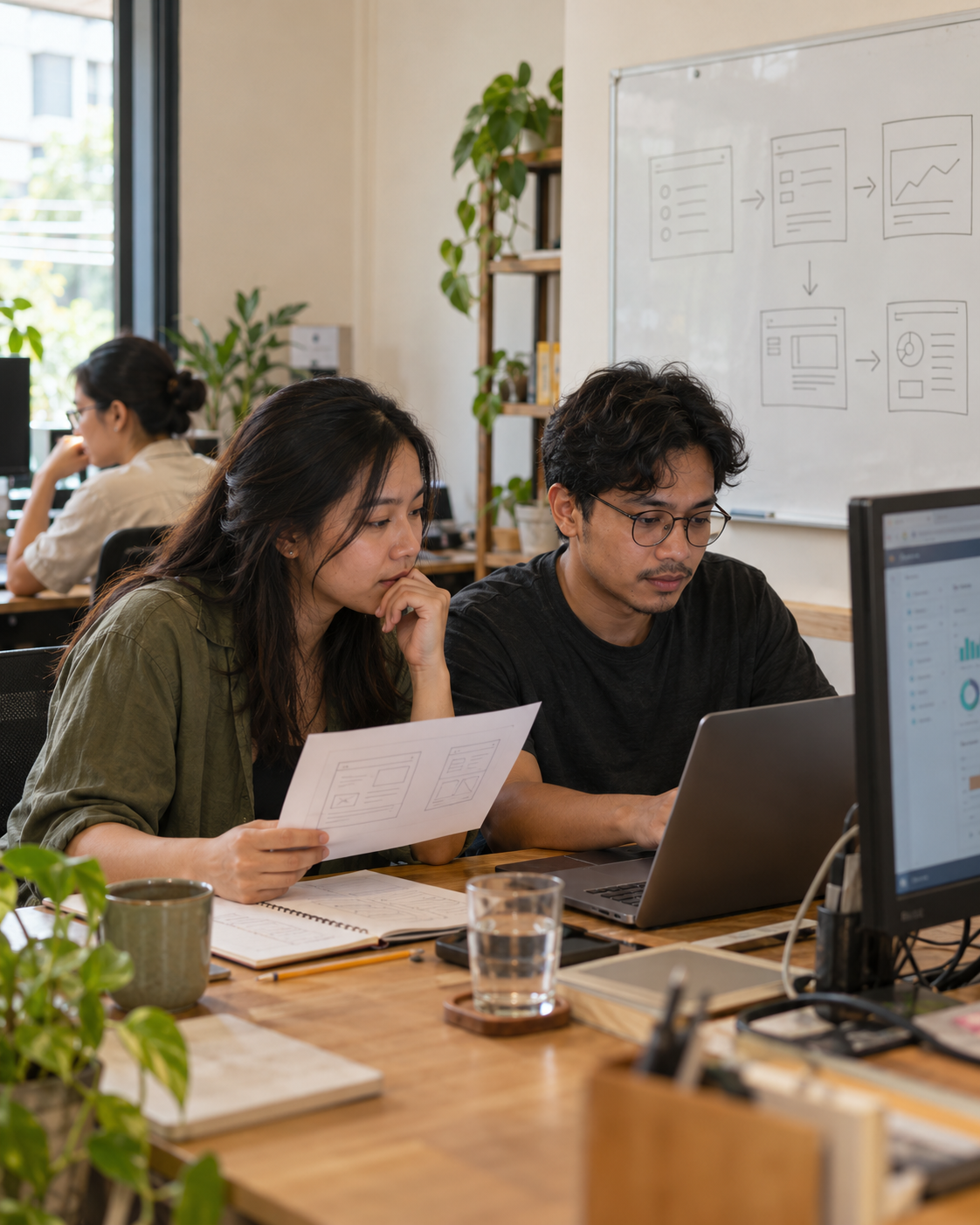 A small product team collaborating on software interfaces in an office